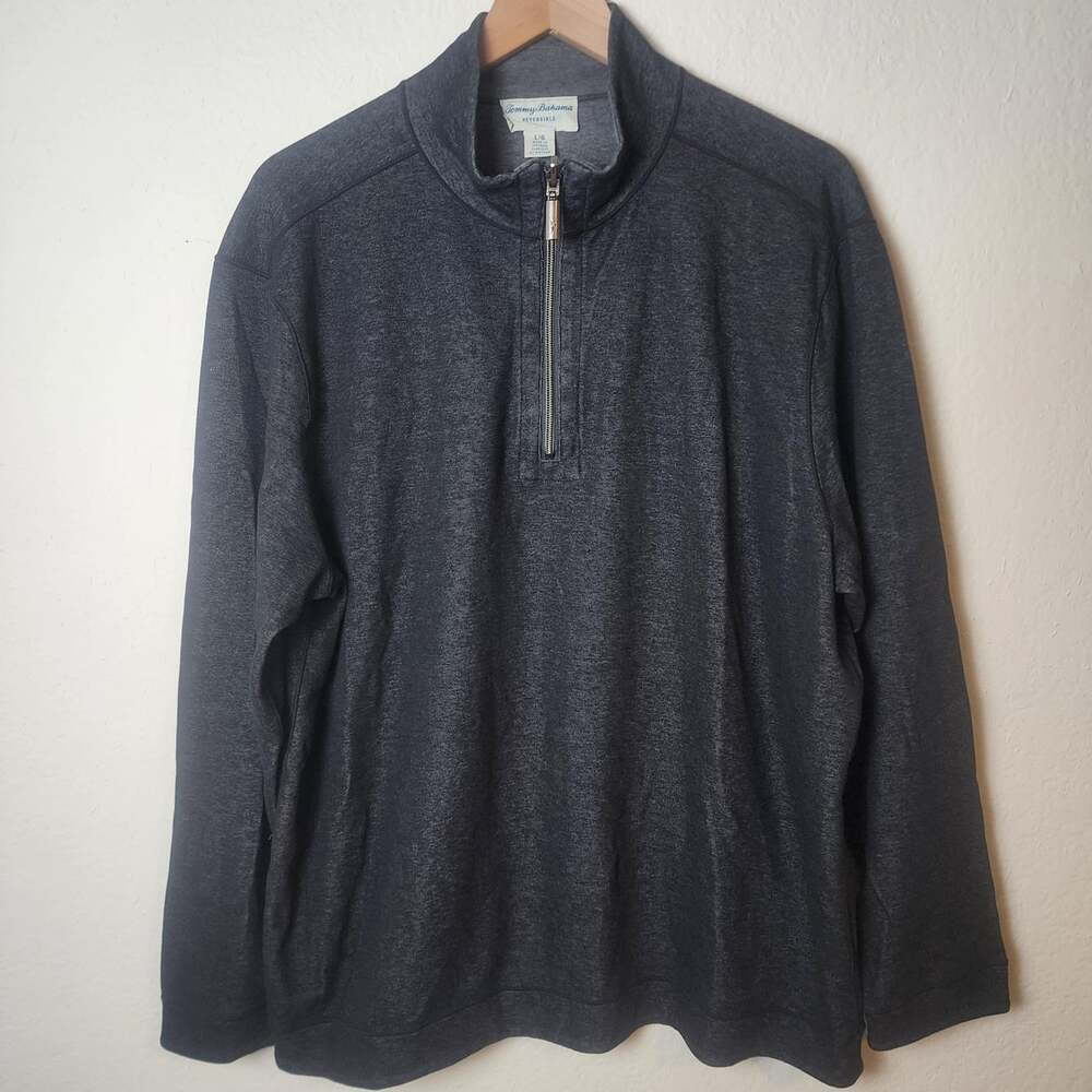 Tommy Bahama Sweatshirt Mens Large Gray Reversible 1/4 Zip Pullover Knit Stretch